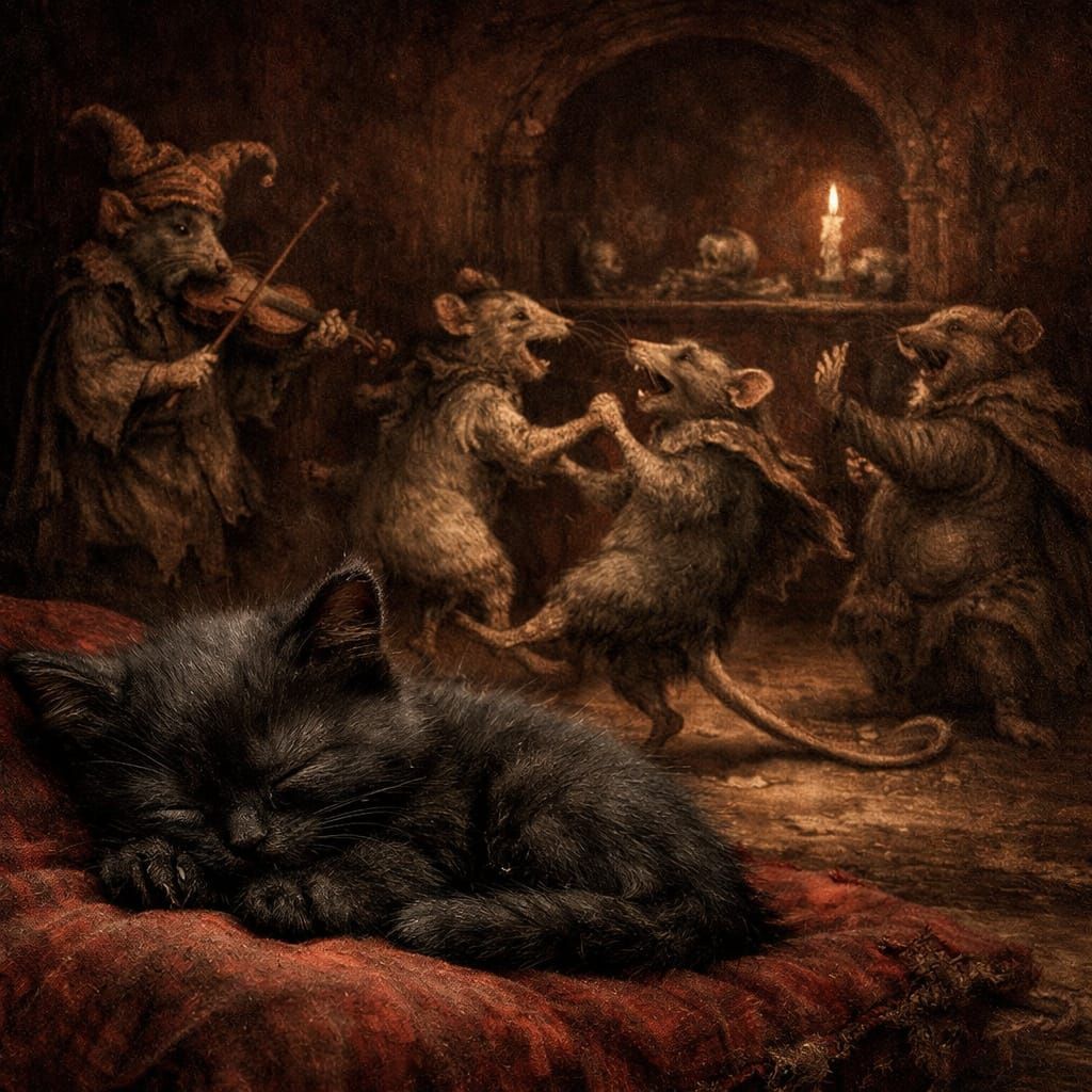 Hyperrealistic Kitten Sleeps Amidst Dancing Mice