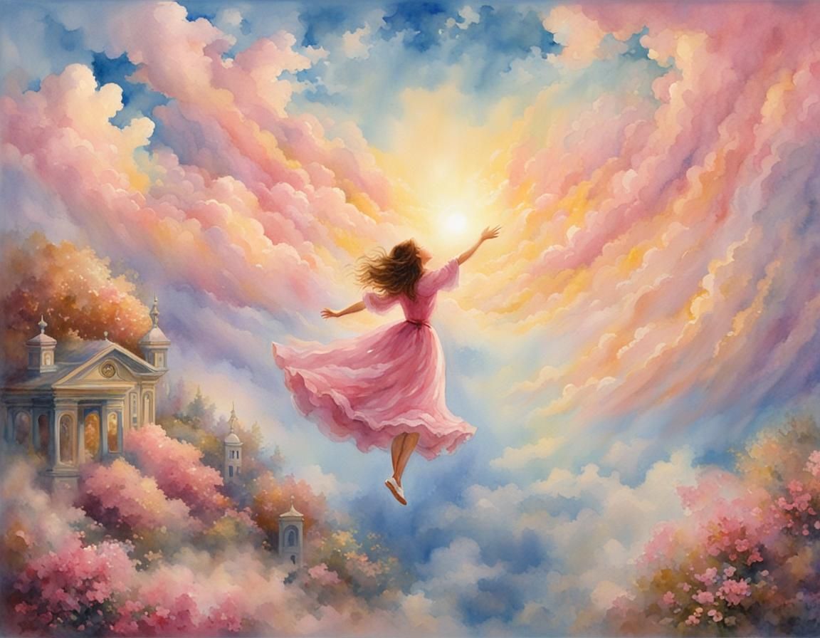 Girl in Pink Dress Flies Through Golden Clouds