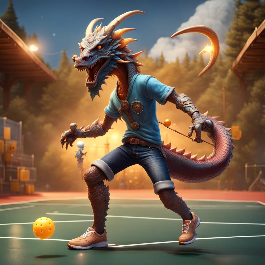 Dragon-Man Playing Pickleball: Fantasy Concept Art