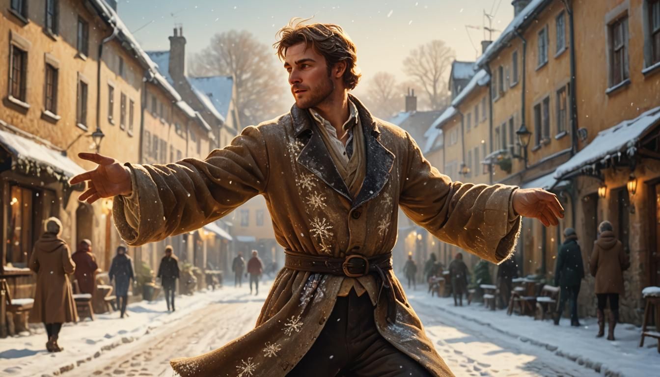 Man Dances in Snowy Village: Romanticist Winter Scene