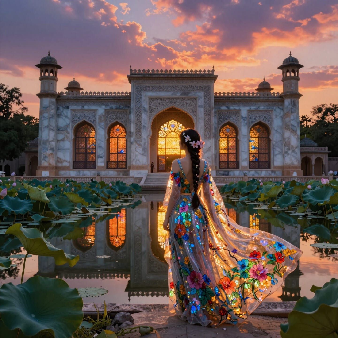 Ancient Palace Reflected in Lotus Lake at Sunset