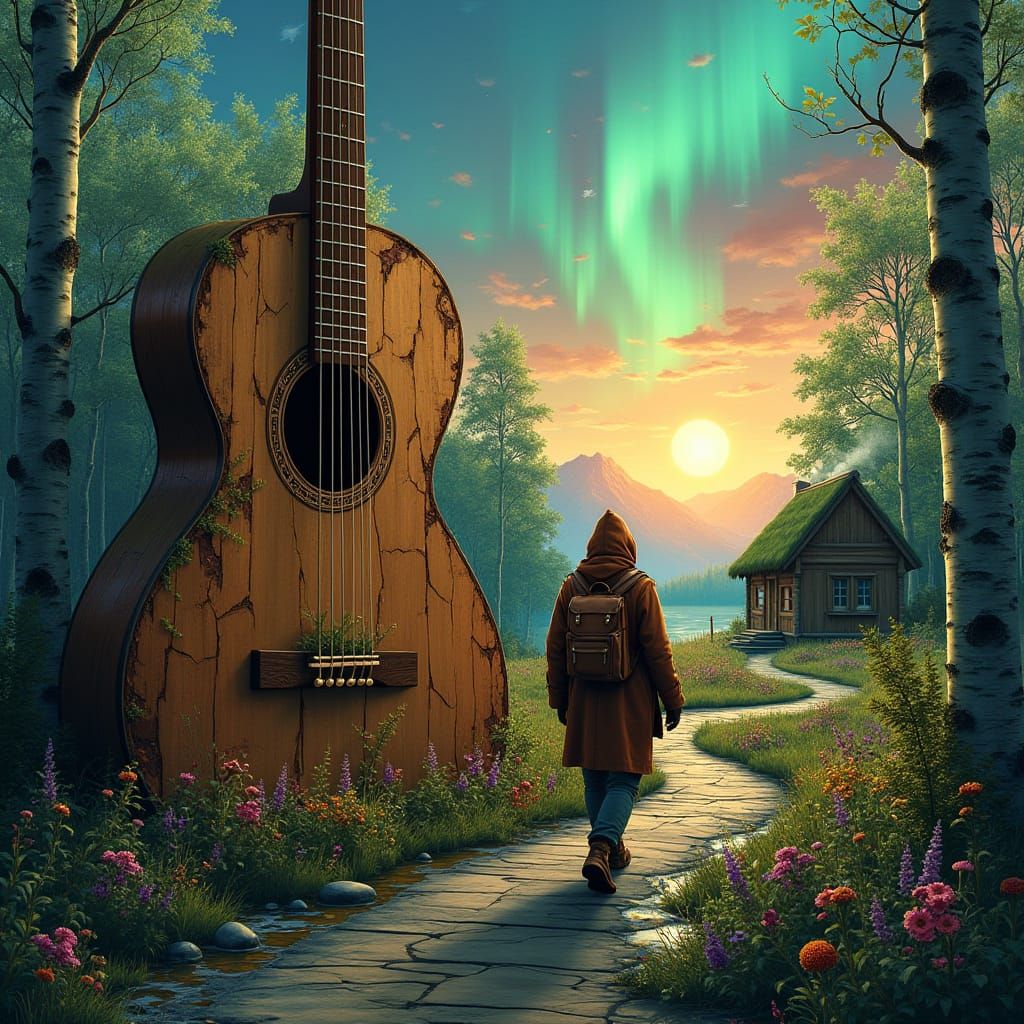 Dreamlike Wanderer in a Broken Guitar Landscape