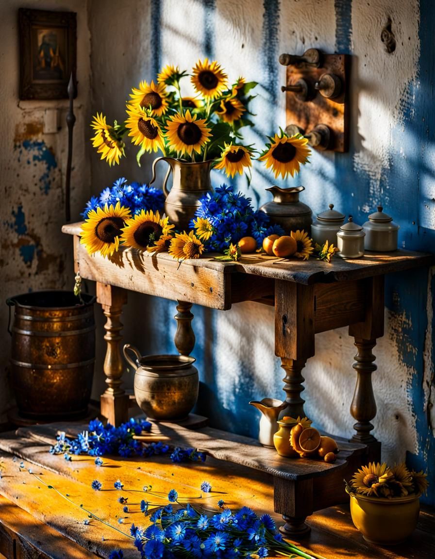 Sunflowers and Delft Blue Flowers Still Life
