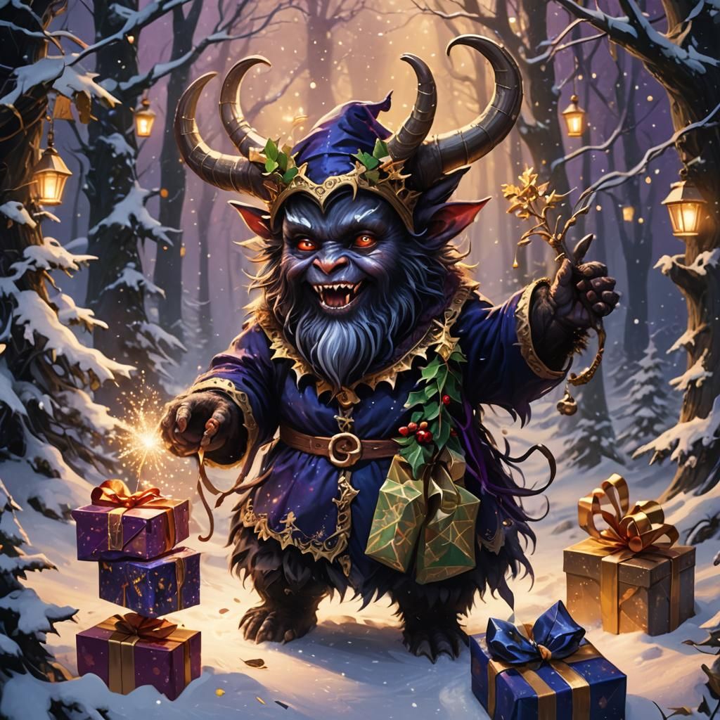 Festive Baby Krampus in Snowy Forest: Fantasy Art