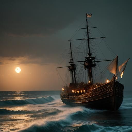 Moonlit Pirate Ship in Post-Impressionist Style
