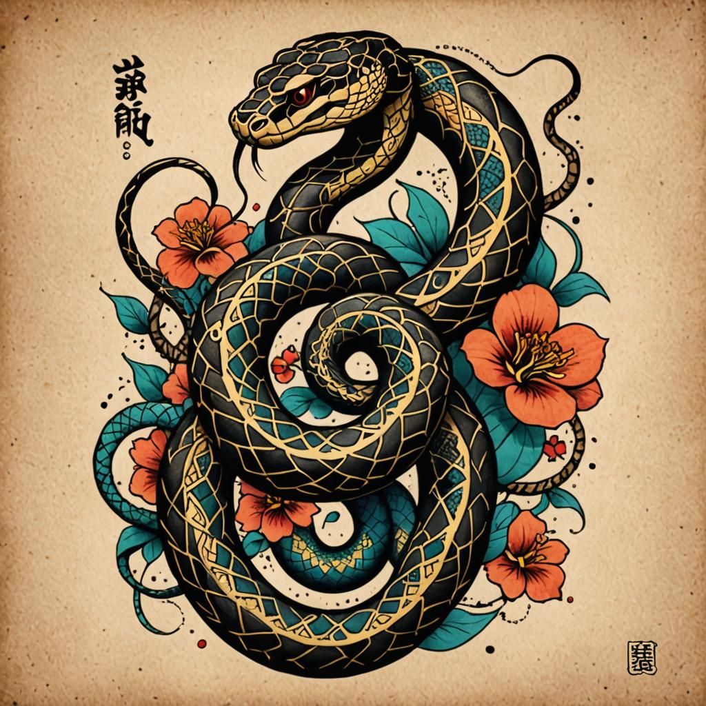 Vibrant Snake Tattoo Art with Kanji