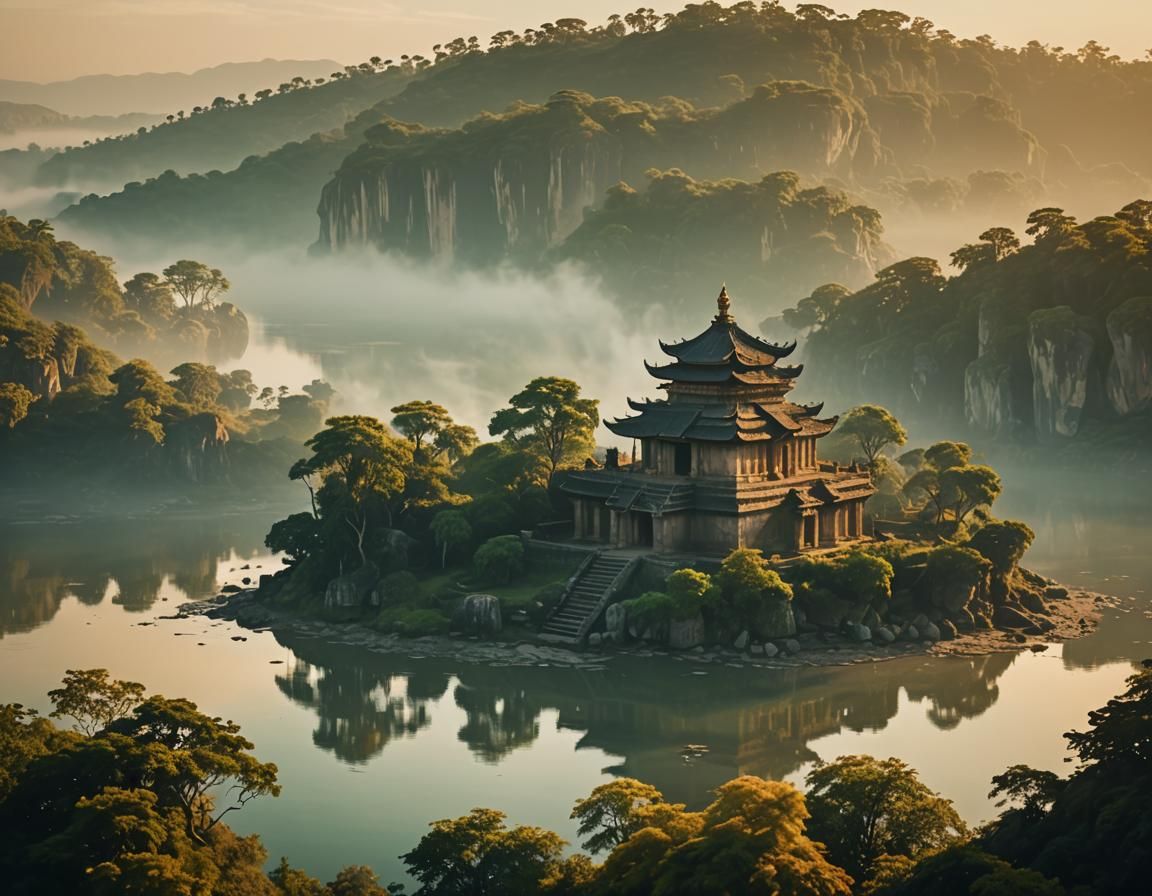 Mystical Temple Floating on Island in the Sky