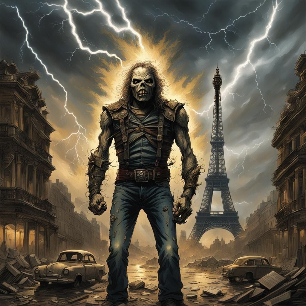 Eddie of Iron Maiden in destroyed Paris with lightning in th...