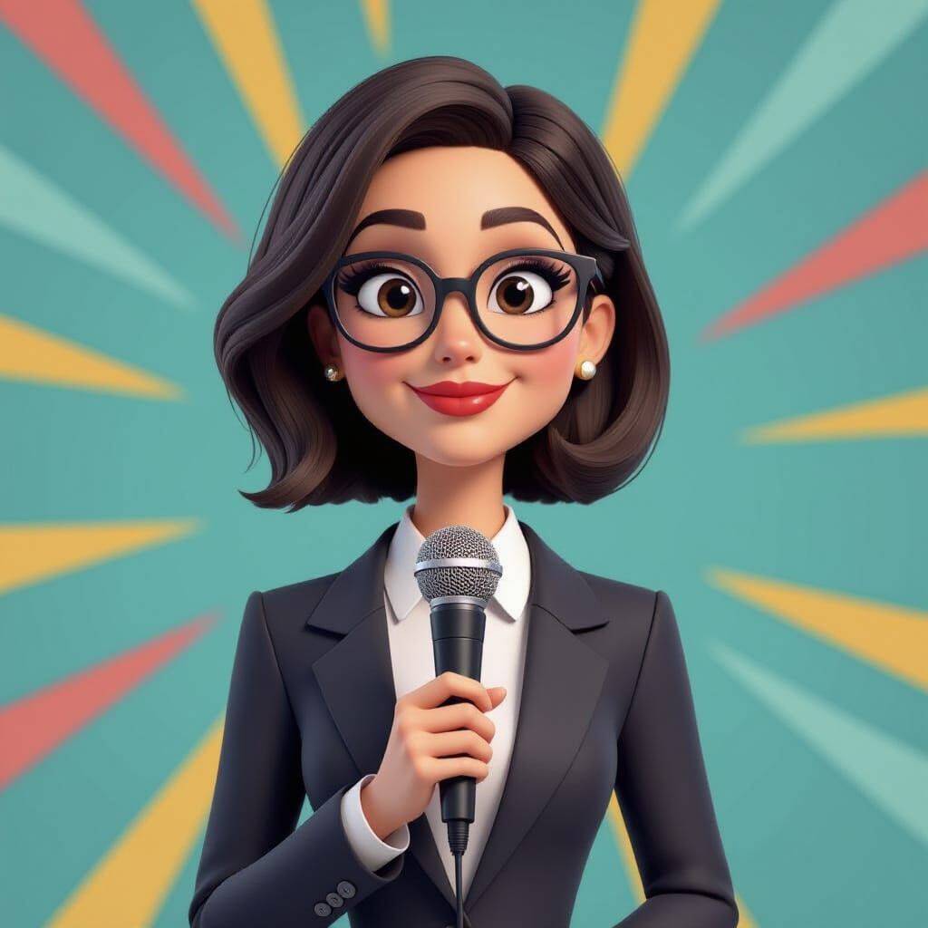 A 3D cartoon journalist, inspired by Pixar, holding a microphone, dressed in a blazer and shirt, with shoulder-length bo...