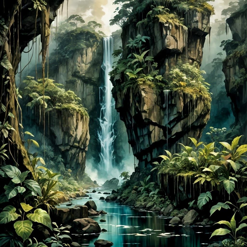 Tropical Canyons with Majestic Waterfalls in Amazonian Lands...
