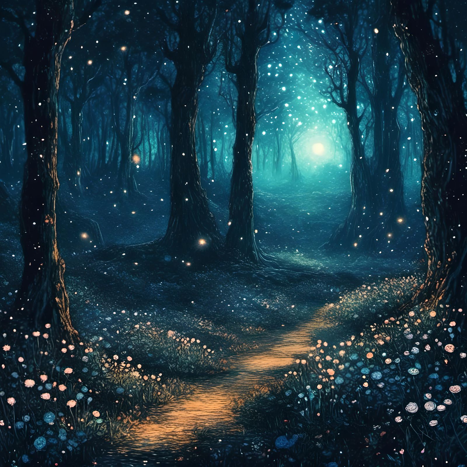 Enchanted Forest at Night in Dark Blue Ambience