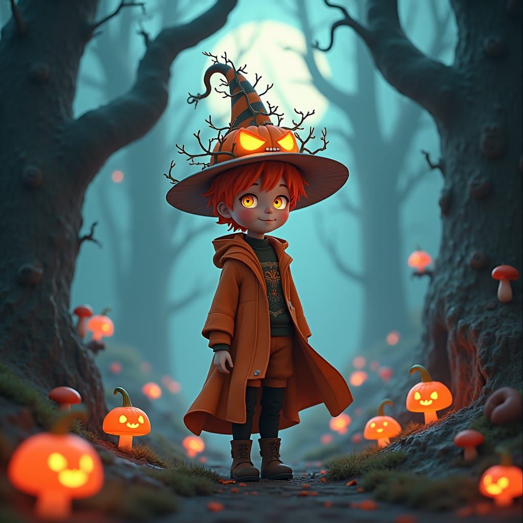 Anime Boy in Pumpkin Hat, Moonlit Forest