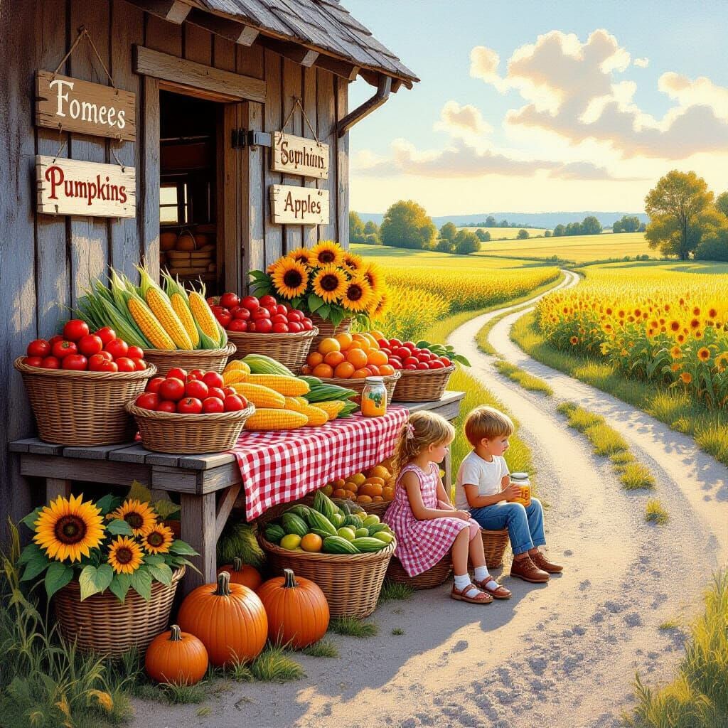 Nostalgic Farmstand Scene in Painterly Realism