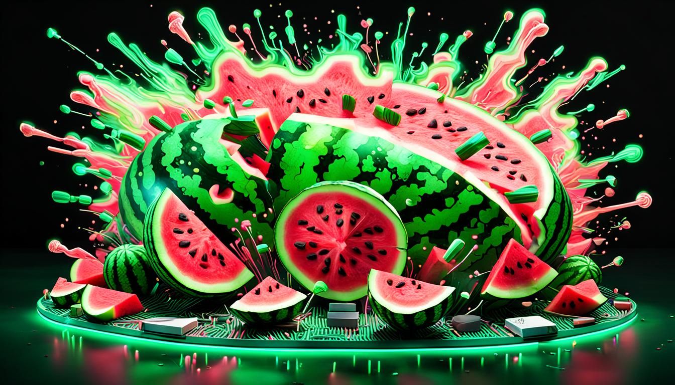 Neon Watermelon Motherboard Explosion: Organic Cyberpunk