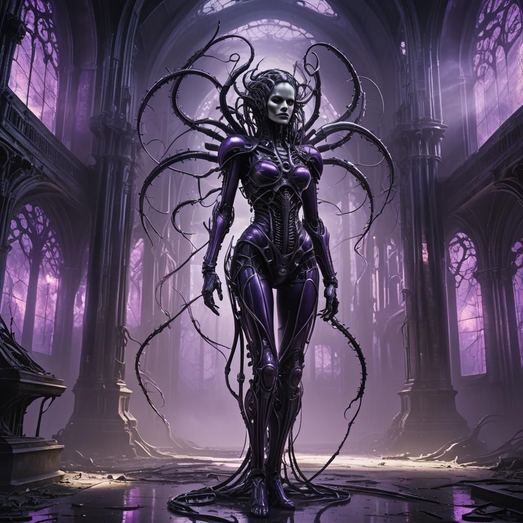 Biomechanical Supermodel in Abandoned Cathedral