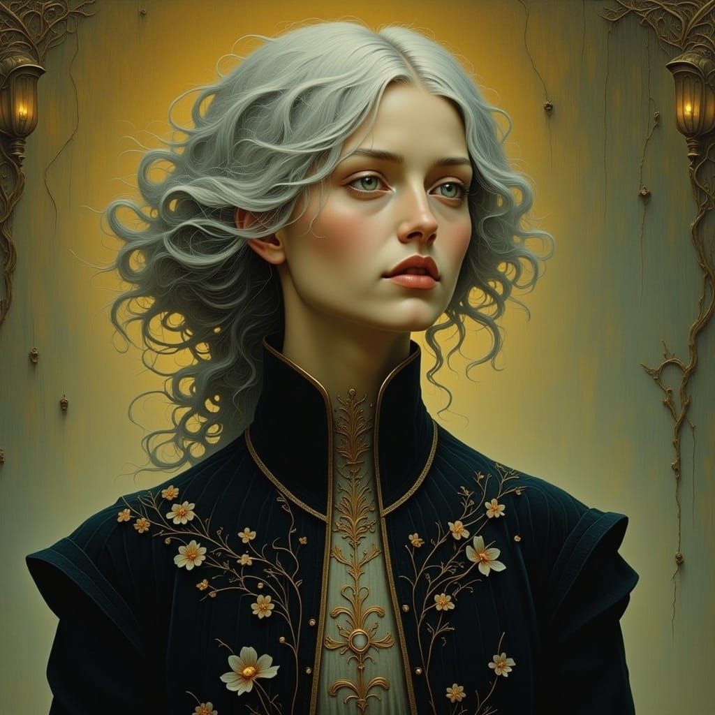 Ethereal Woman with Silver Hair in Art Nouveau Style