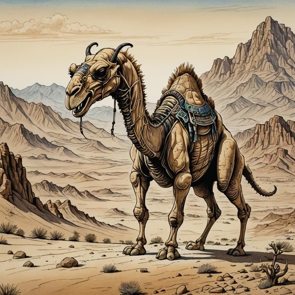 Camel-Scorpion Hybrid Creature in Desert Landscape