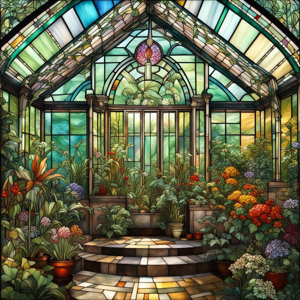 Art Deco Stained Glass Victorian Greenhouse Paradise