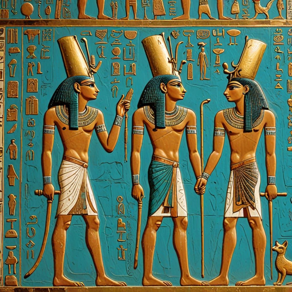 Egyptian Pharaoh Fresco with Hieroglyphs in Turquoise and Go...