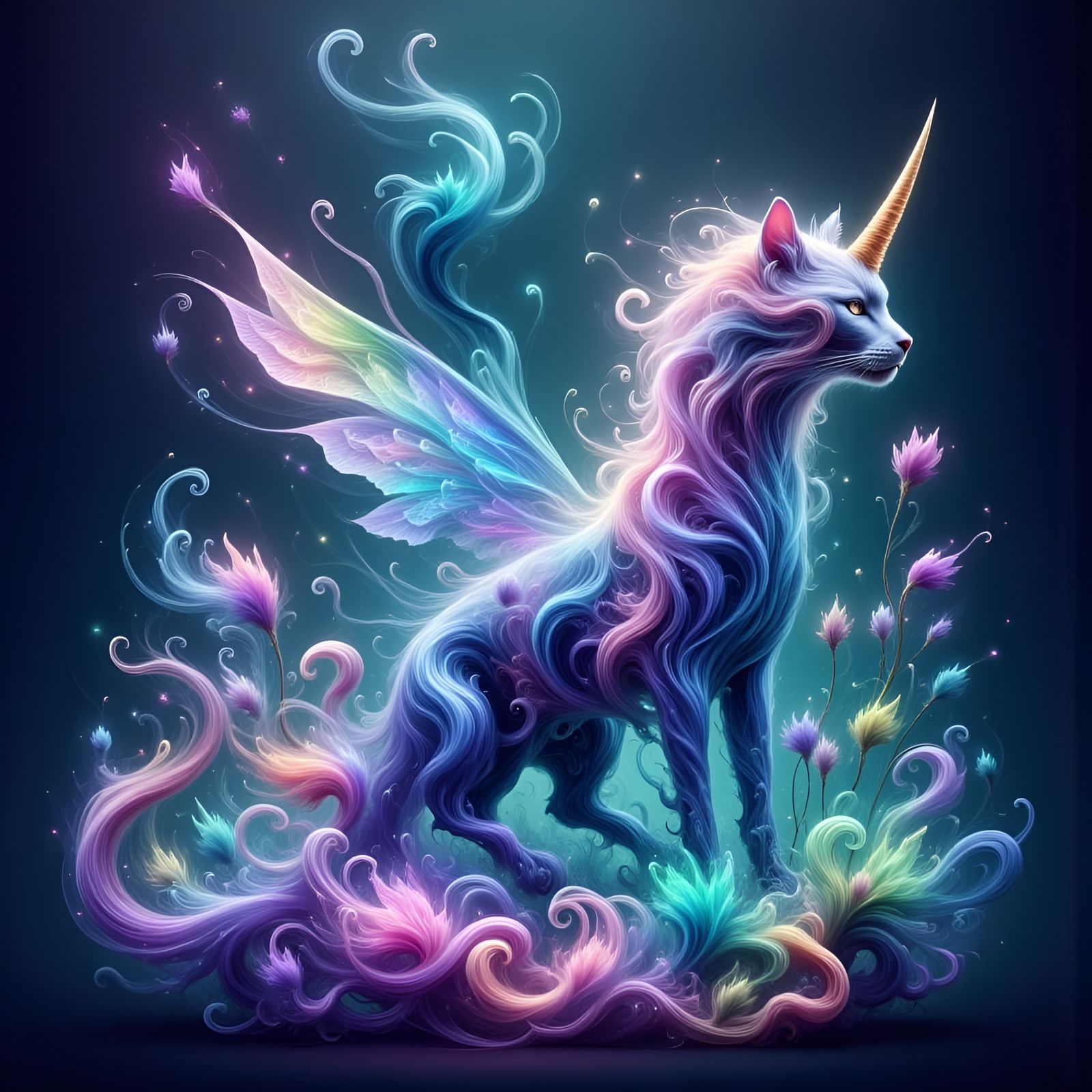 Magical Cat Unicorn in Vibrant Abstract World
