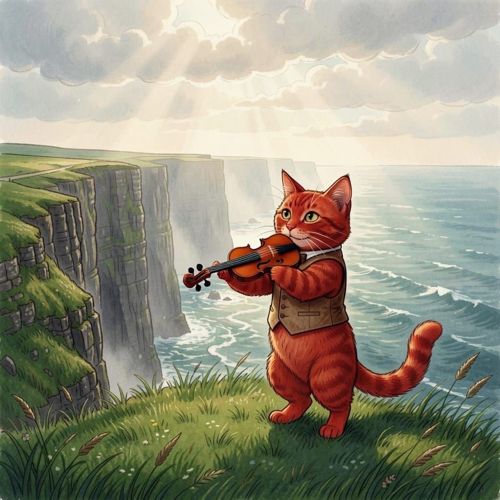 Red Cat Plays Flute at Cliffs of Moher Ireland