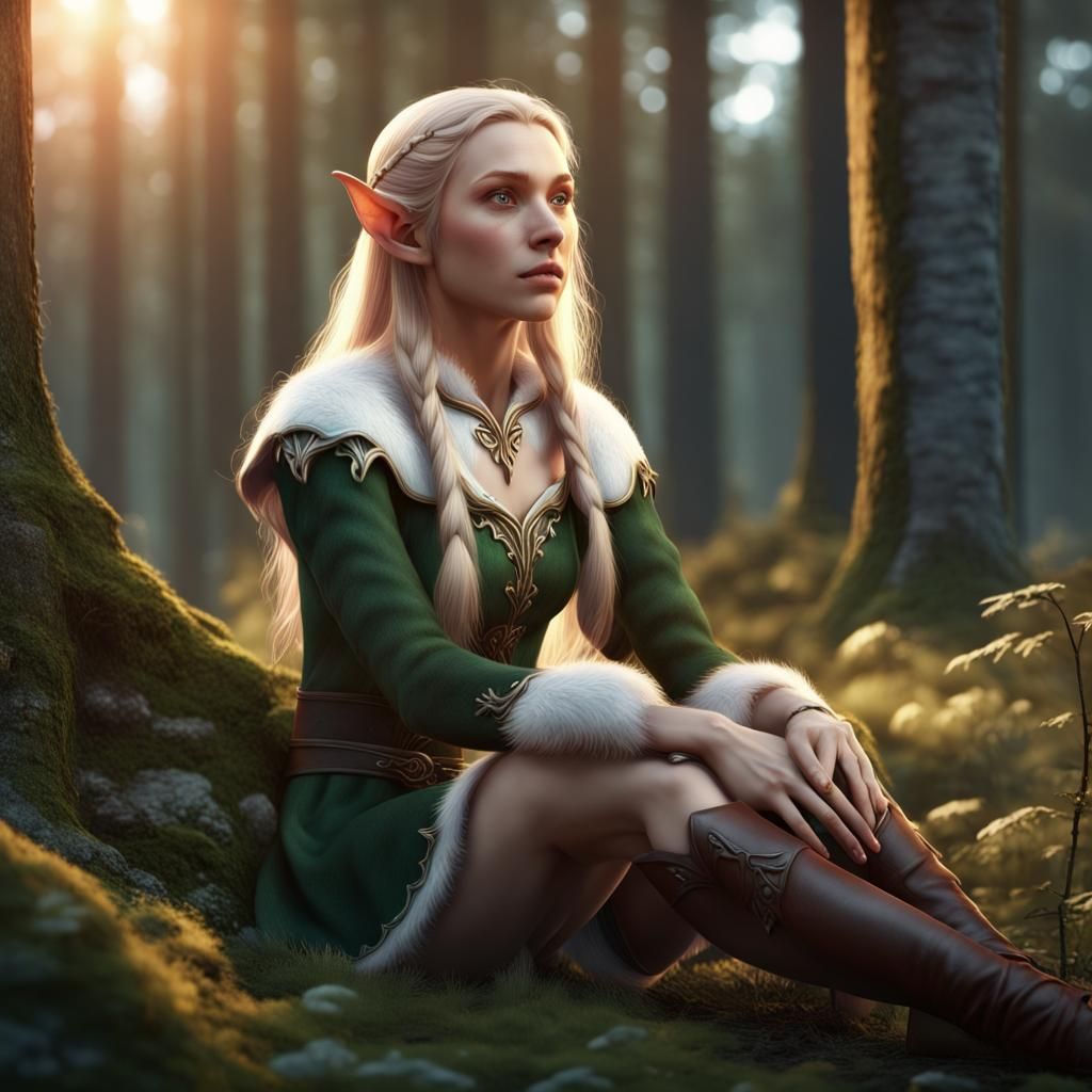 Female Elf in Nordic Forest Clearing at Sunset