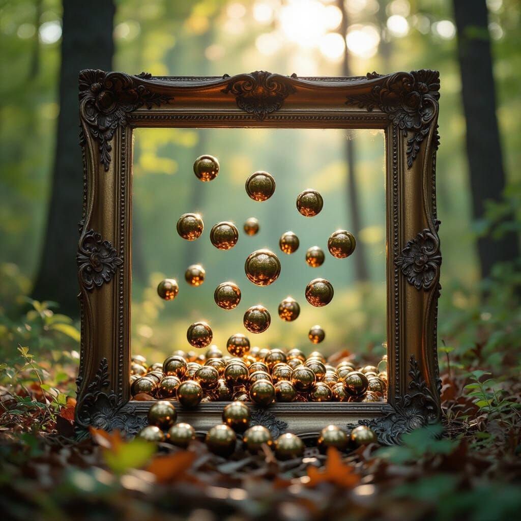 Antique Picture Frame with Bronze Spheres in Forest