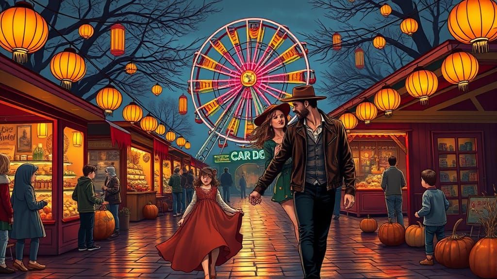 Couple at Nighttime Harvest Festival in Comic Book Style