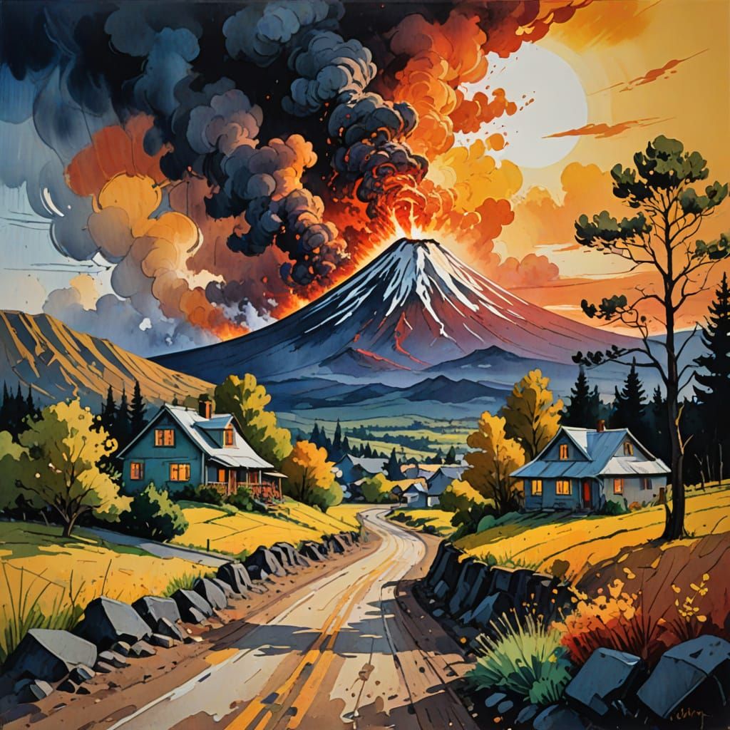 Vibrant Volcanic Landscape in Impressionist Gouache