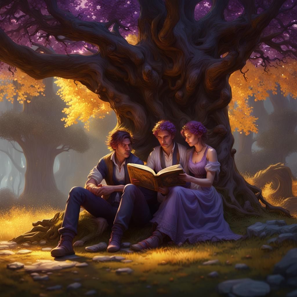 Couple Reading Under Tree: Dark Fantasy Art
