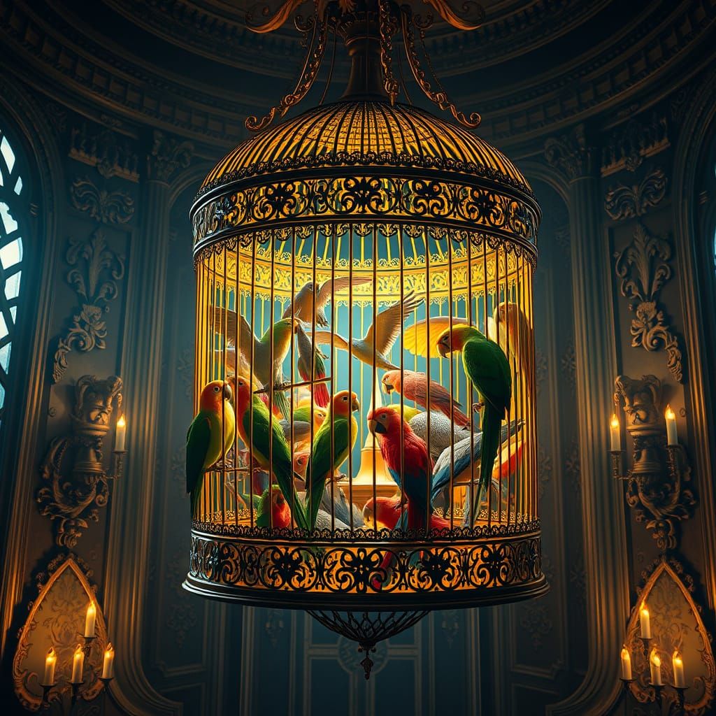 Exotic Birds in Ornate Glowing Golden Birdcage