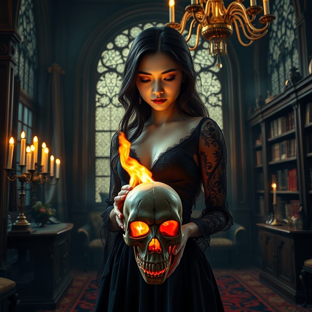 Ethereal Gothic Beauty Holds Flaming Skull in Dark, Ornate C...
