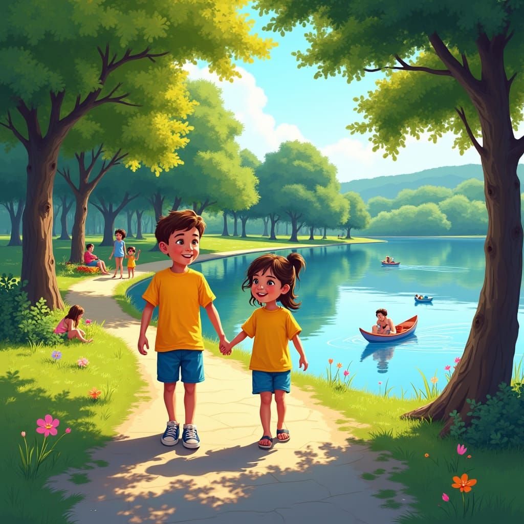 Family Stroll by Lake in Impressionist Style