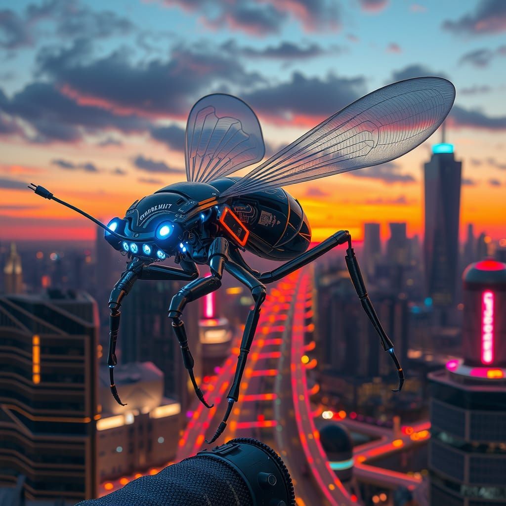 Electrified Robot Insect in Cyberpunk Cityscape