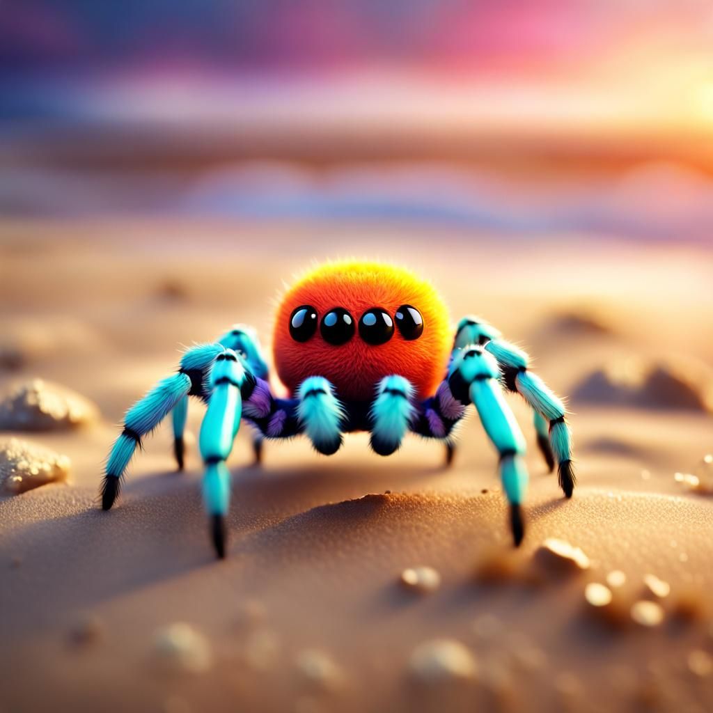 Colorful Chibi Spider Runs on Beach at Sunset