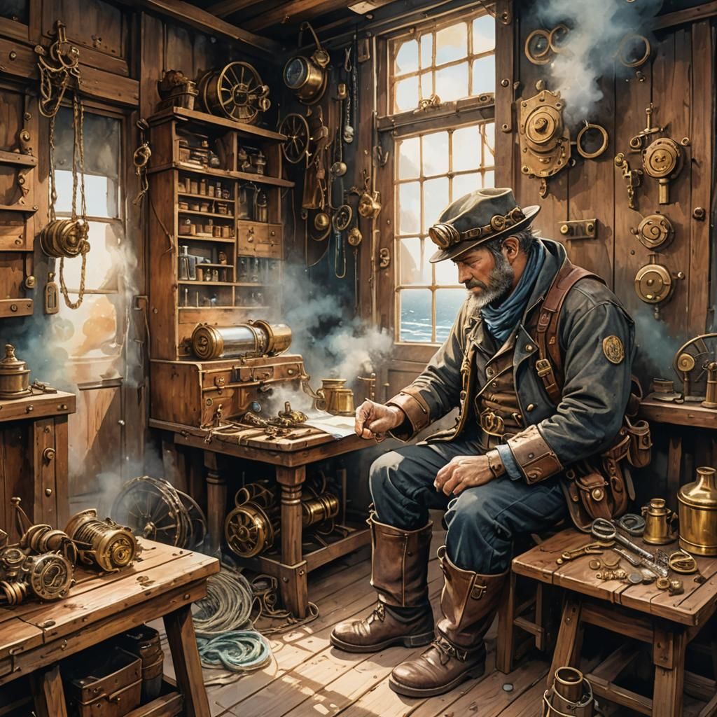 Steampunk Fisherman Mending Nets in Sunlit Hut