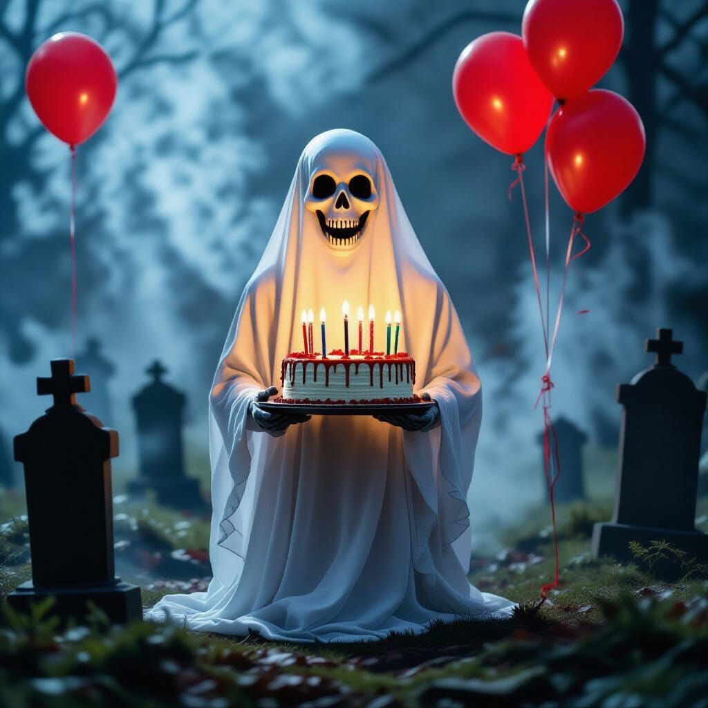 Skeletal Ghost Holds Spooky Birthday Cake in Foggy Graveyard