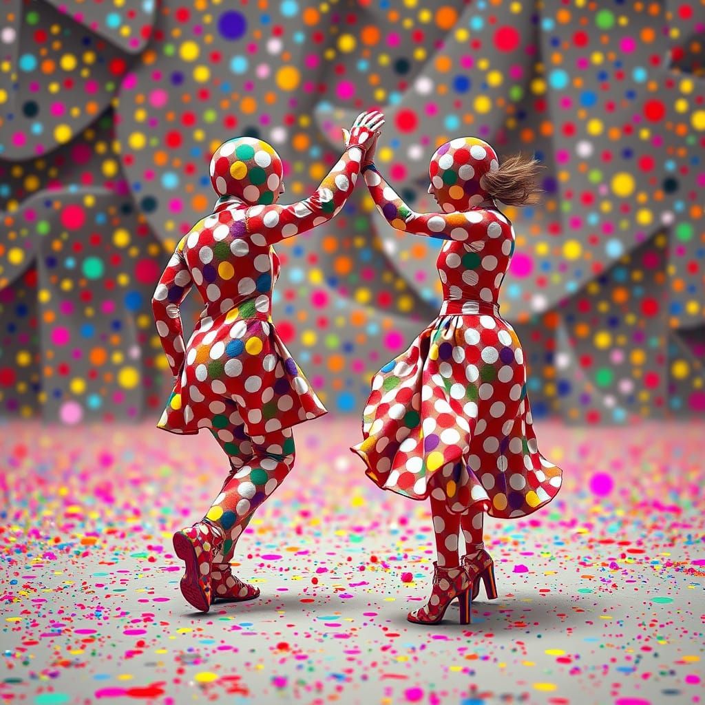 Vibrant Polka Dot Figures Dancing in Kaleidoscopic Joy