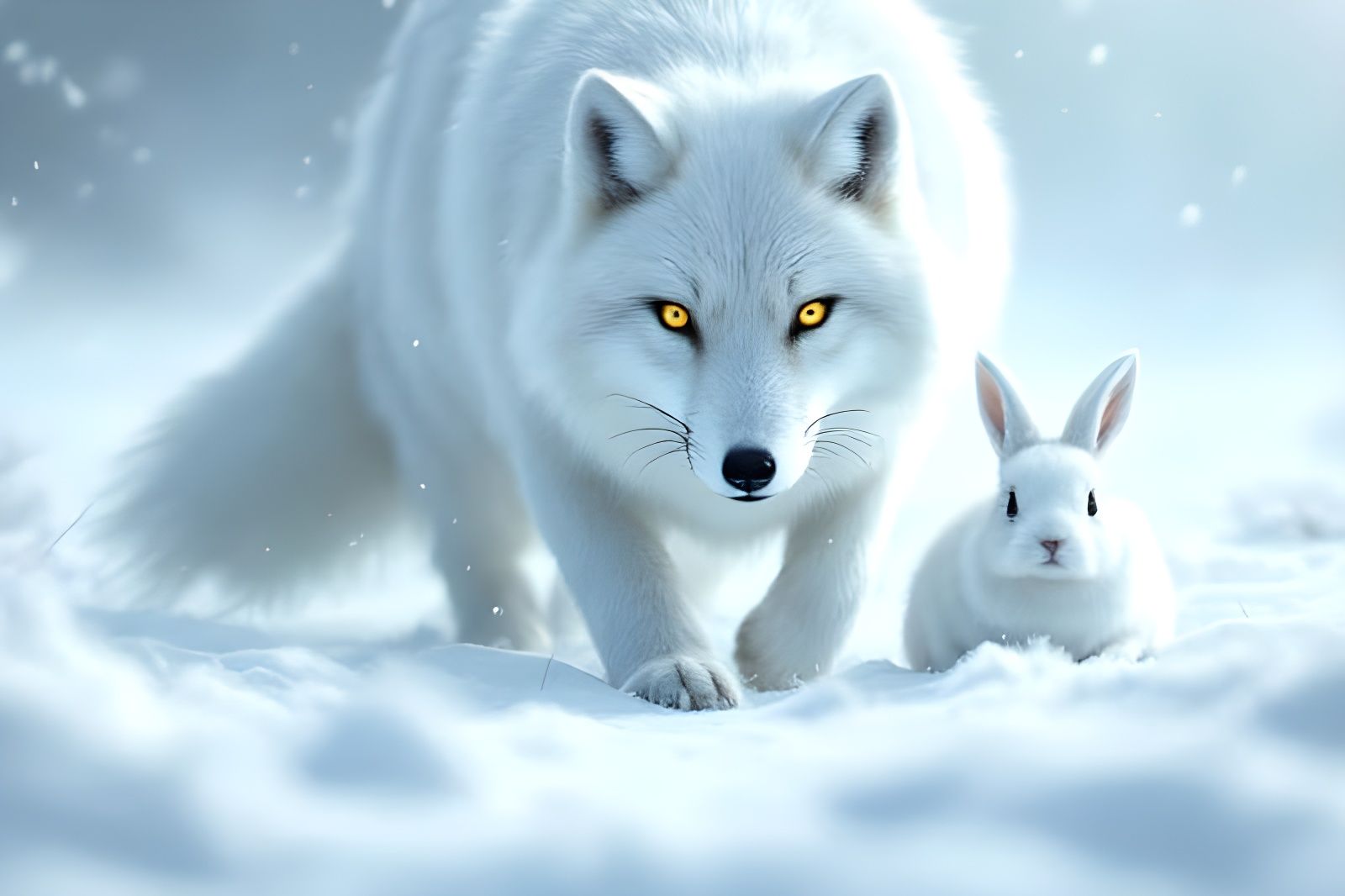 Arctic Fox Stalks Hare in Snowy Tundra