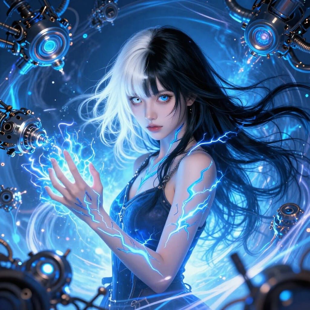 Woman Harnessing Blue Energy and Machinery