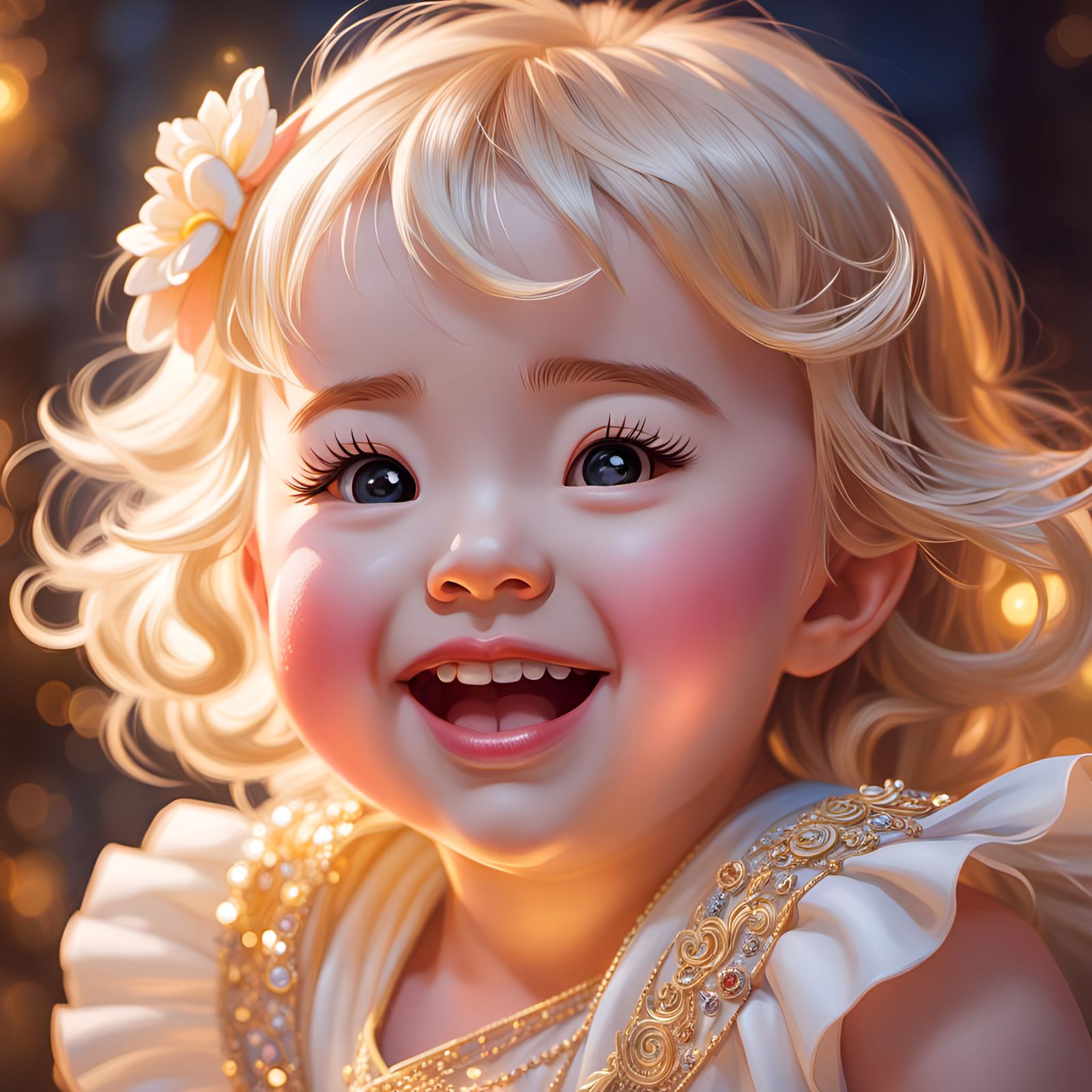 Laughing Blonde Baby Portrait in Anime Style