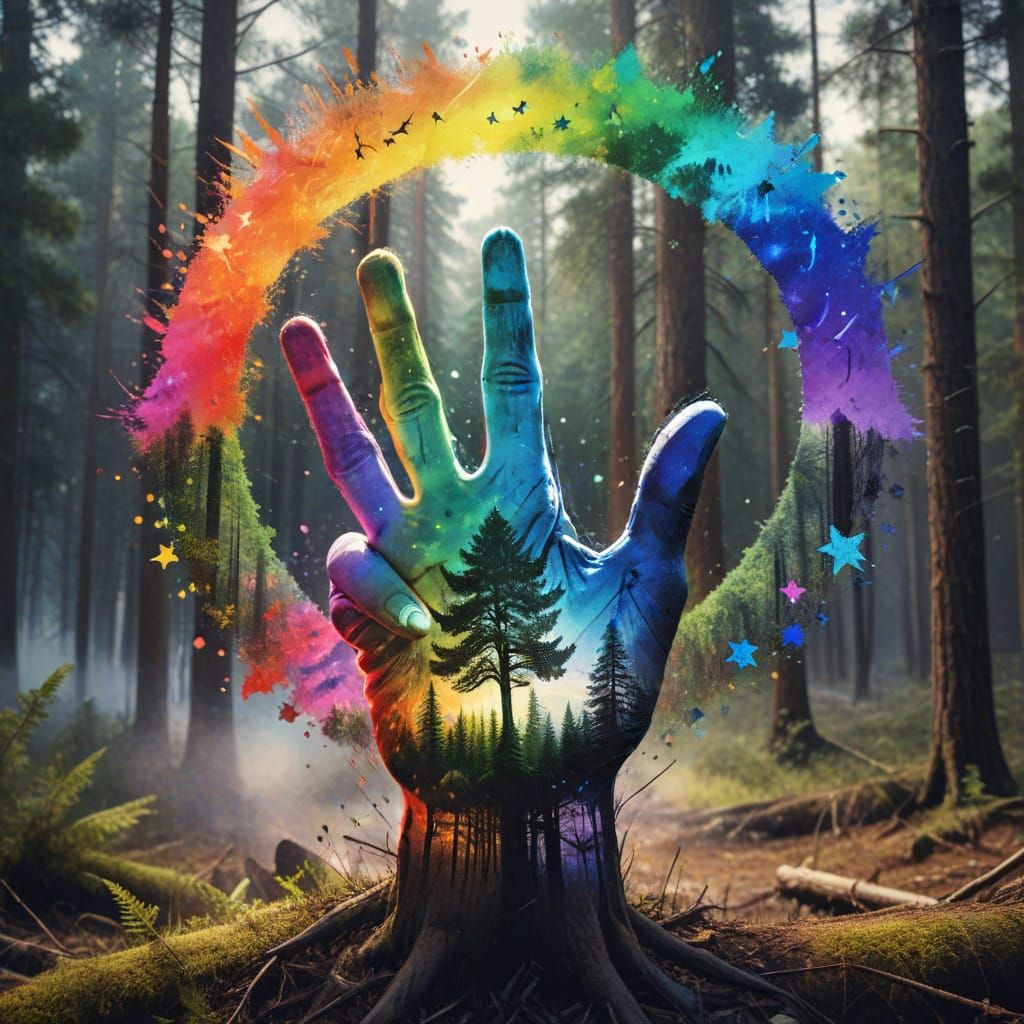 Double Exposure of Rainbow Peace Sign in Forest