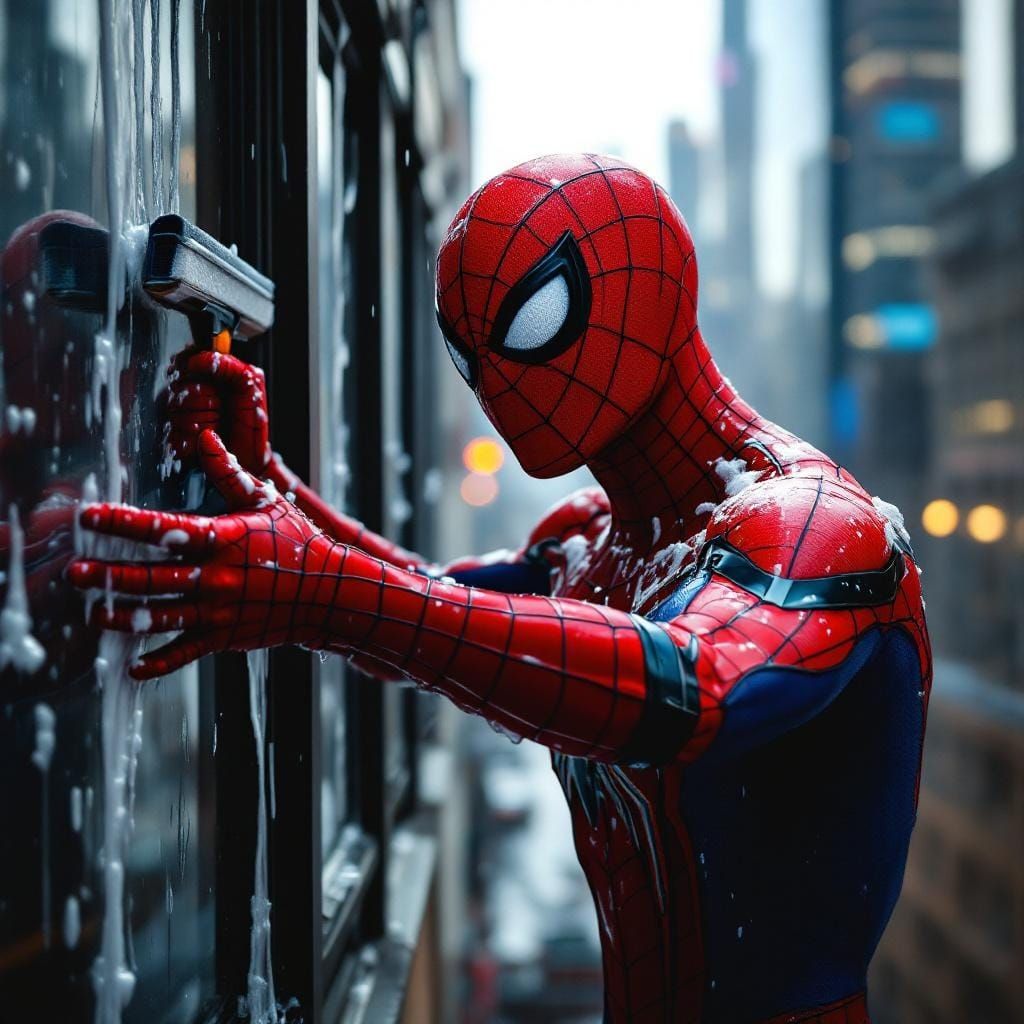 Spider-Man Washing Windows in Photorealistic Style