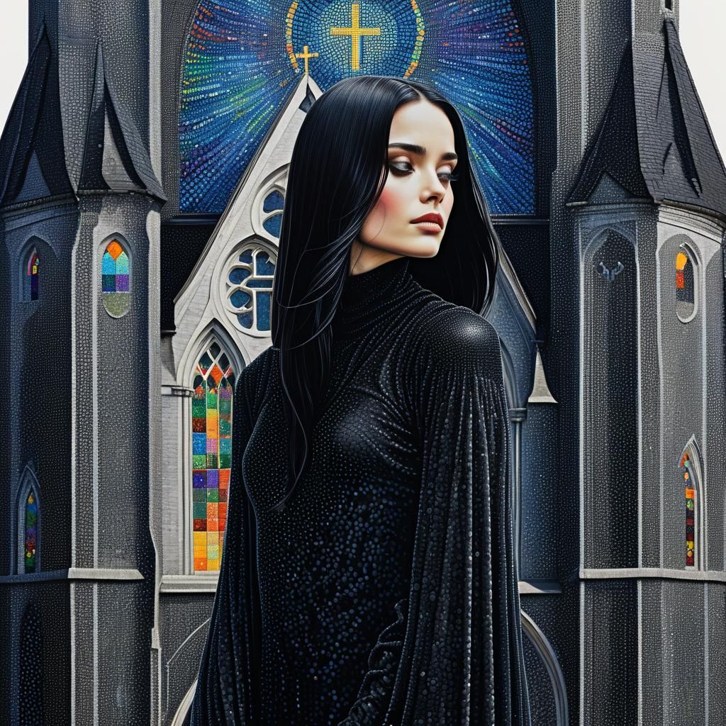 Raven-Haired Beauty in Pointillist Grayscale Church