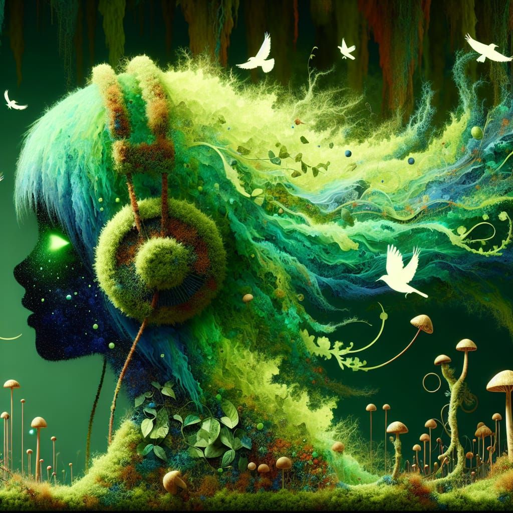 Girl in Forest Silhouette with Mushroom Headphones