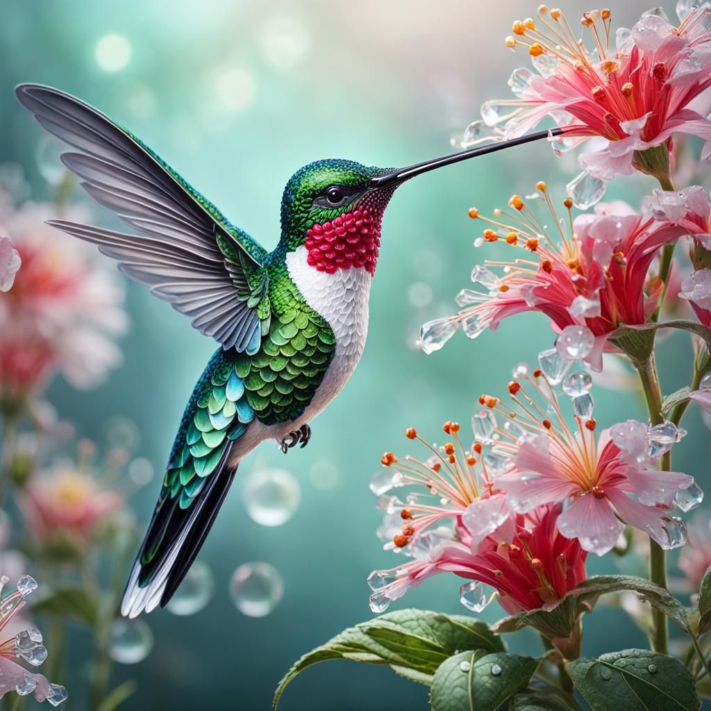 Crystal Hummingbird Drinking Dew on a Flower