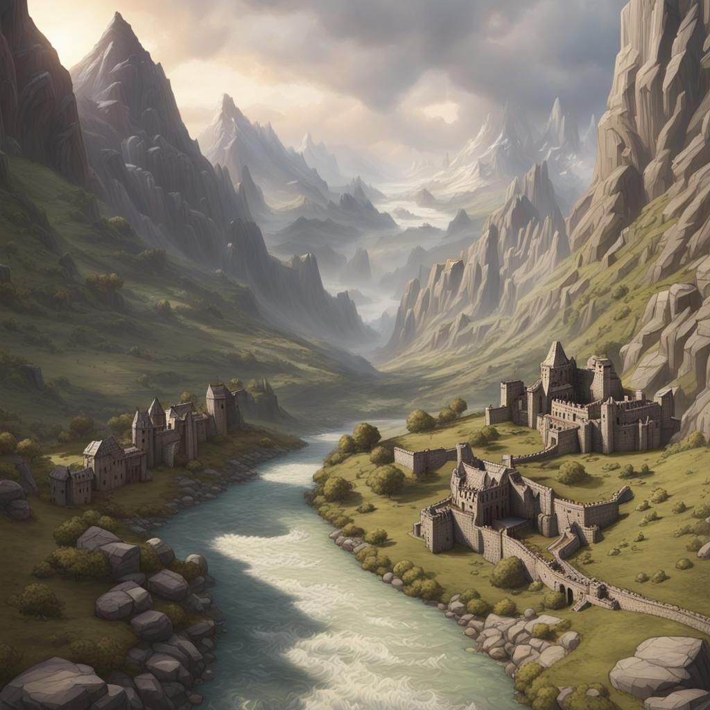 Dwarven Stronghold in Mountain Valley Landscape