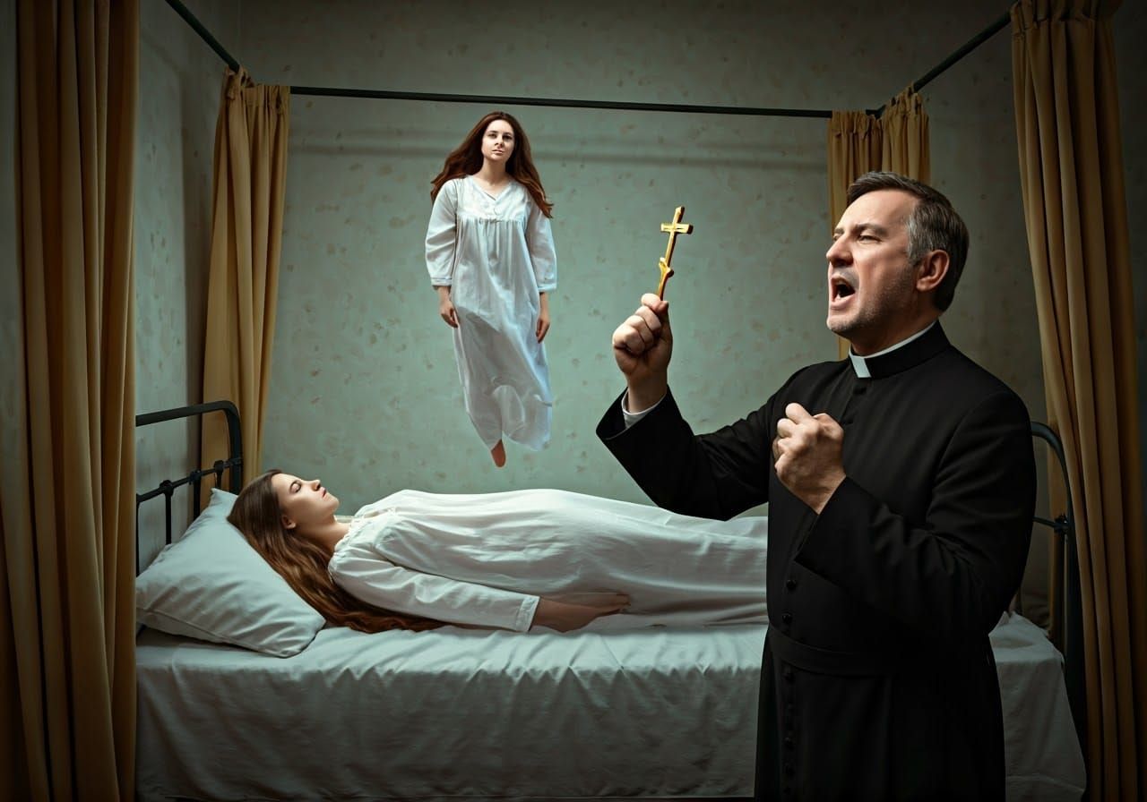 Young Woman Levitates as Priest Holds Cross
