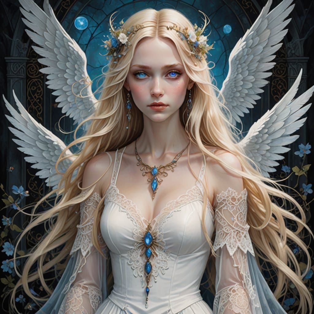 Ethereal Angel in Whimsical Gothic Attire with Mischievous I...