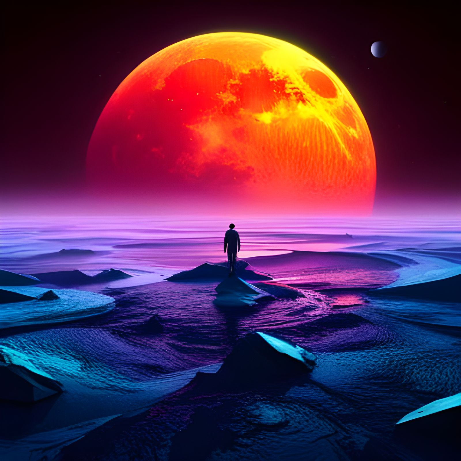 Crimson Moon: Bioluminescent Space Art in Abstract Expressio...